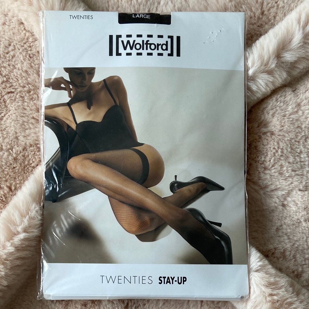 Wolford Brown Fishnet Twenties Stay-Up Stockings Hosiery Large NEW